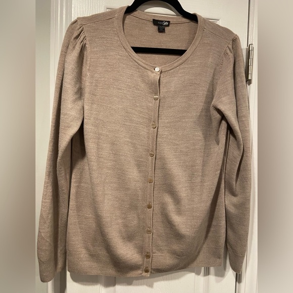 East 5th Size LP Mushroom Beige Long Sleeve Lightweight Cardigan Puff Shoulder - Picture 1 of 11